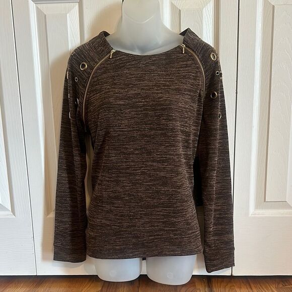 Brown Long Sleeve Top Blouse Shirt Grommet Detail Gold Zipper  Medium M NWT - Picture 1 of 10
